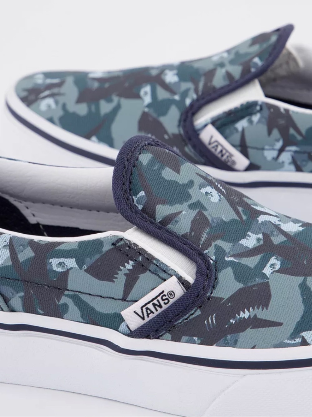 Vans Slip-On Sneakers in Blue and Teal Camo with Shark Motif